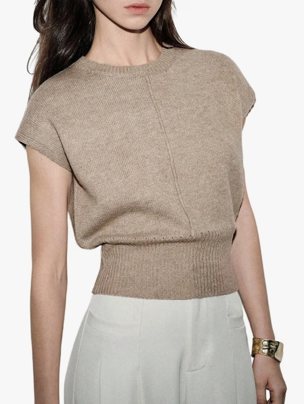 Beige Knit Short-Sleeve Sweater